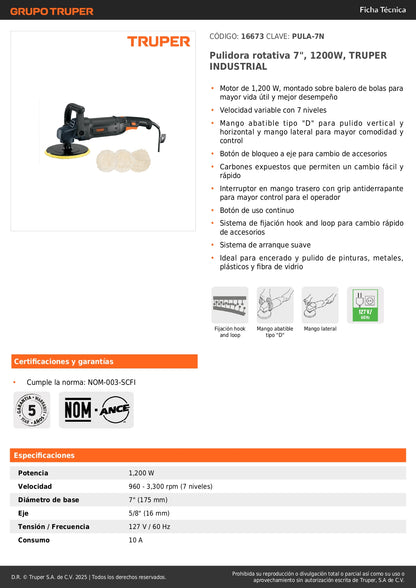 Pulidora Rotativa TRUPER 7 Pulgadas 1200W PULA-7N - Solución Profesional para Pulido y Encerado de Pinturas, Metales y Fibra de Vidrio - Motor Industrial con Velocidad Variable