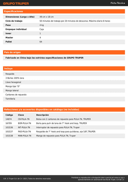 Pulidora Rotativa TRUPER 7 Pulgadas 1200W PULA-7N - Solución Profesional para Pulido y Encerado de Pinturas, Metales y Fibra de Vidrio - Motor Industrial con Velocidad Variable
