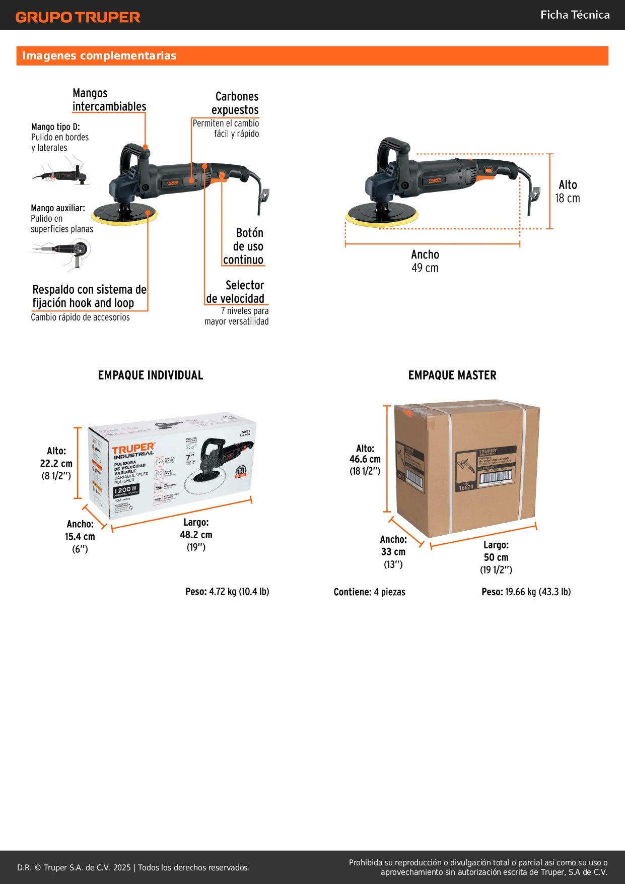 Pulidora Rotativa TRUPER 7 Pulgadas 1200W PULA-7N - Solución Profesional para Pulido y Encerado de Pinturas, Metales y Fibra de Vidrio - Motor Industrial con Velocidad Variable