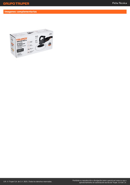 Pulidora Rotativa TRUPER 7 Pulgadas 1200W PULA-7N - Solución Profesional para Pulido y Encerado de Pinturas, Metales y Fibra de Vidrio - Motor Industrial con Velocidad Variable