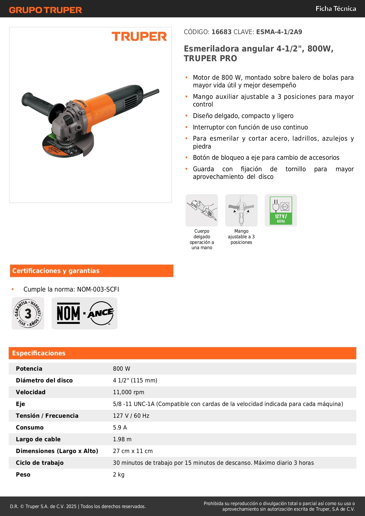 Esmeriladora Angular 4-1/2 Pulgadas 800W TRUPER PRO - Corta Acero, Ladrillo y Piedra - Motor Balero Bolas - ESMA-4-1/2A9