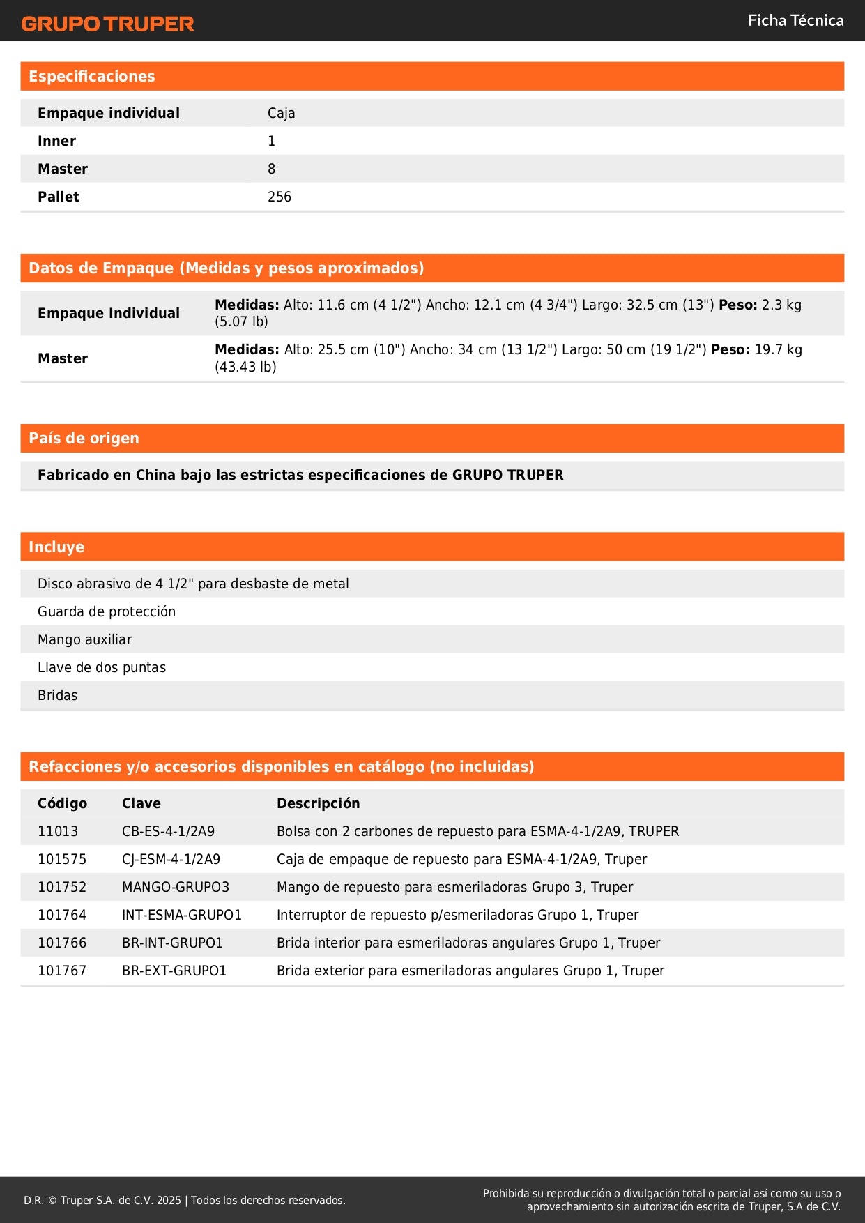 Esmeriladora Angular 4-1/2 Pulgadas 800W TRUPER PRO - Corta Acero, Ladrillo y Piedra - Motor Balero Bolas - ESMA-4-1/2A9