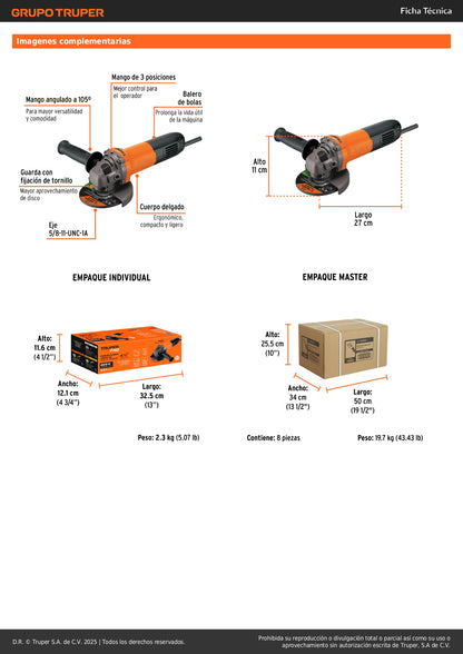 Esmeriladora Angular 4-1/2 Pulgadas 800W TRUPER PRO - Corta Acero, Ladrillo y Piedra - Motor Balero Bolas - ESMA-4-1/2A9