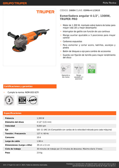 Esmeriladora Angular TRUPER PRO 4-1/2" 1300W ESMA-4-1/2A10 - Corta y Esmerilar Acero, Ladrillo, Azulejo y Piedra - Motor Balero de Bolas Alta Durabilidad