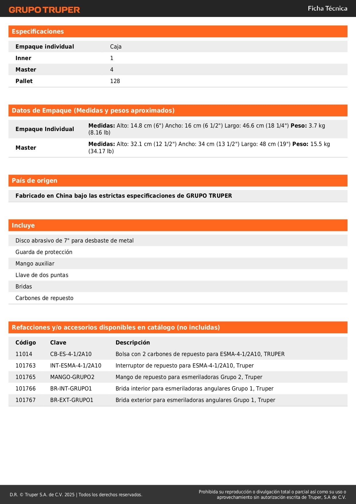 Esmeriladora Angular TRUPER PRO 4-1/2" 1300W ESMA-4-1/2A10 - Corta y Esmerilar Acero, Ladrillo, Azulejo y Piedra - Motor Balero de Bolas Alta Durabilidad