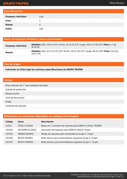 Esmeriladora Angular TRUPER PRO 4-1/2" 1300W ESMA-4-1/2A10 - Corta y Esmerilar Acero, Ladrillo, Azulejo y Piedra - Motor Balero de Bolas Alta Durabilidad