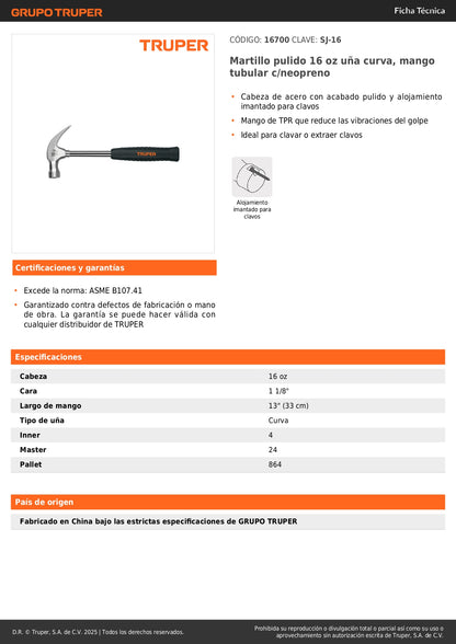 Martillo Profesional 16 oz SJ-16 Uña Curva Anti-Vibración - Ideal para Clavar y Extraer Clavos con Precisión