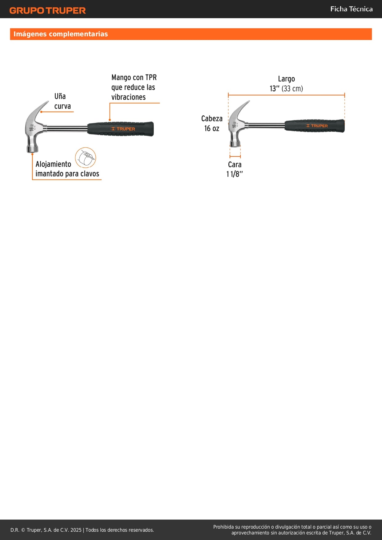 Martillo Profesional 16 oz SJ-16 Uña Curva Anti-Vibración - Ideal para Clavar y Extraer Clavos con Precisión