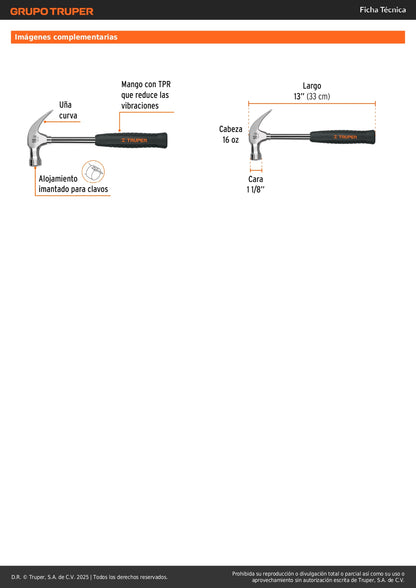 Martillo Profesional 16 oz SJ-16 Uña Curva Anti-Vibración - Ideal para Clavar y Extraer Clavos con Precisión