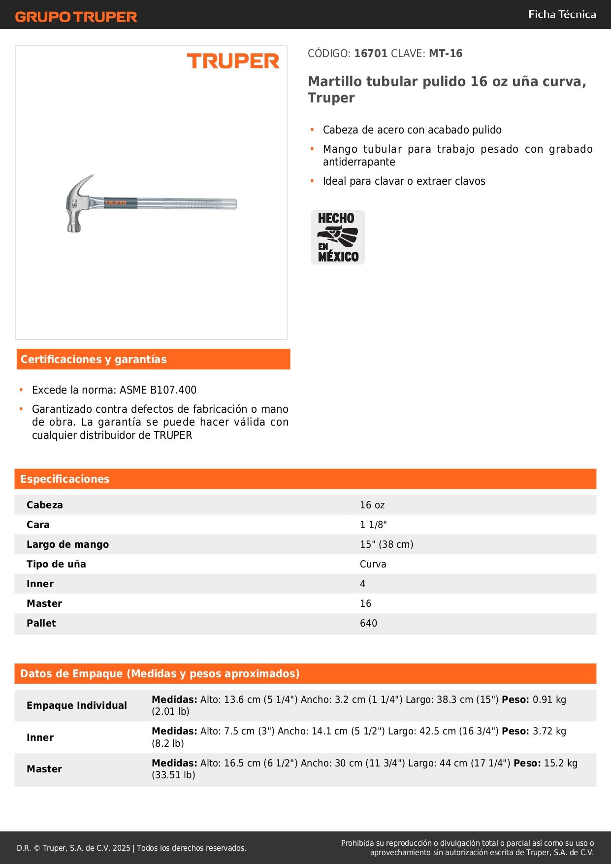 Martillo Tubular Truper MT-16 16oz Uña Curva - Profesional para Clavar y Extraer Clavos con Mango Antiderrapante