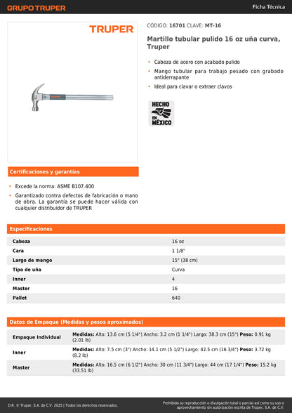 Martillo Tubular Truper MT-16 16oz Uña Curva - Profesional para Clavar y Extraer Clavos con Mango Antiderrapante