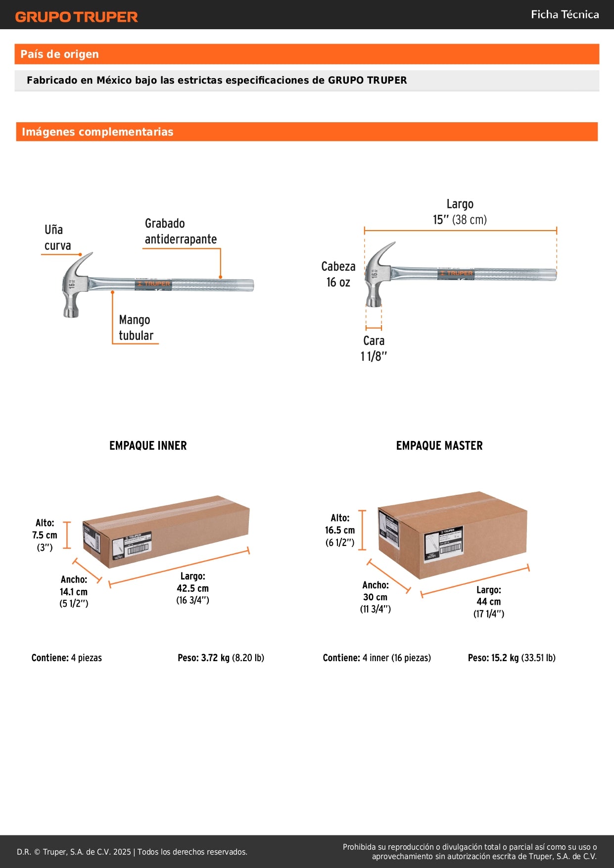 Martillo Tubular Truper MT-16 16oz Uña Curva - Profesional para Clavar y Extraer Clavos con Mango Antiderrapante