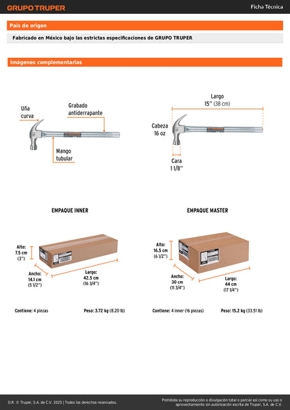 Martillo Tubular Truper MT-16 16oz Uña Curva - Profesional para Clavar y Extraer Clavos con Mango Antiderrapante