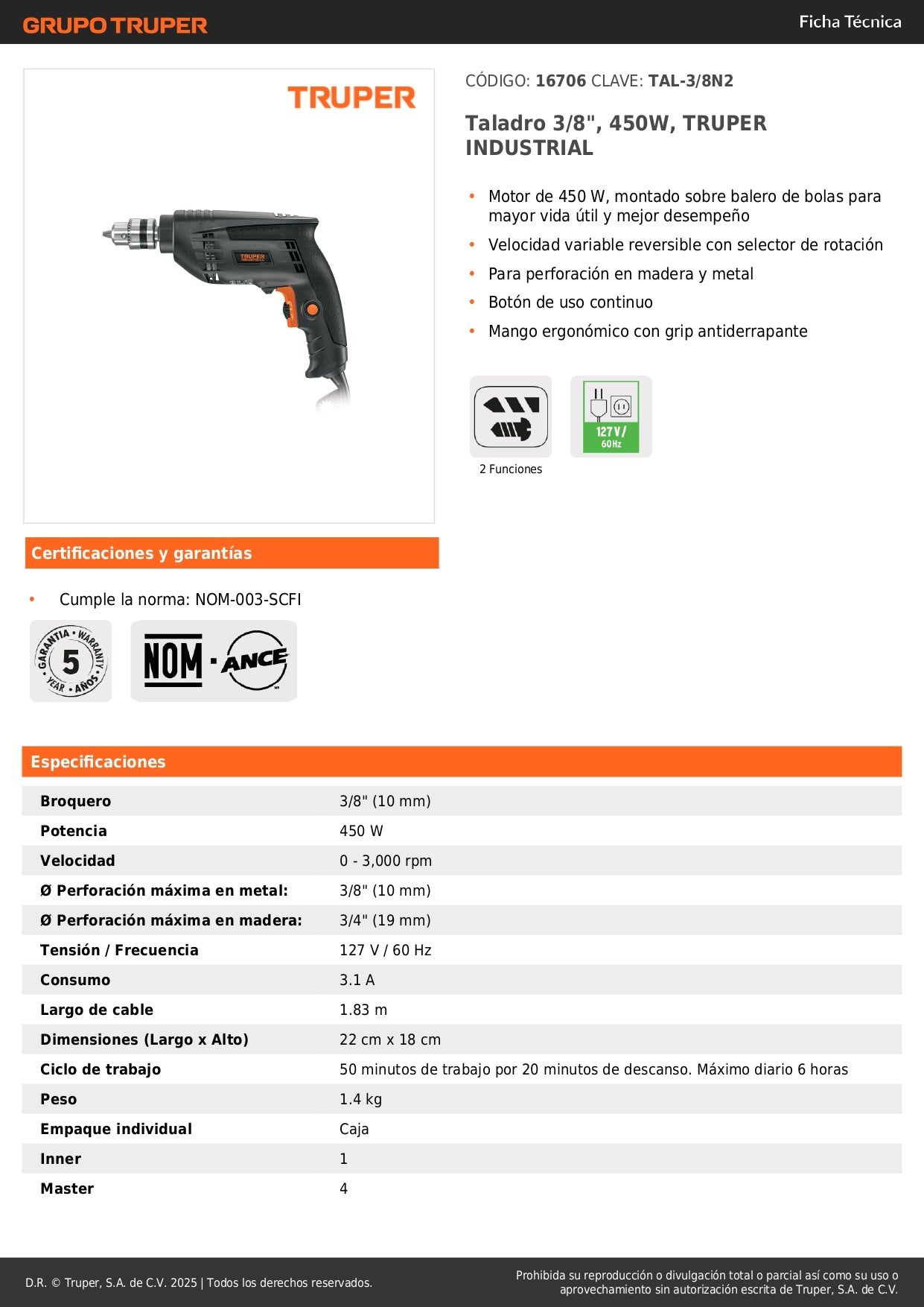 Taladro 3/8", 450W, TRUPER INDUSTRIAL