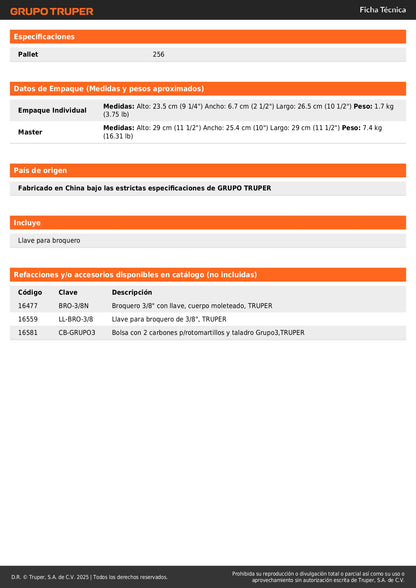 Taladro 3/8", 450W, TRUPER INDUSTRIAL