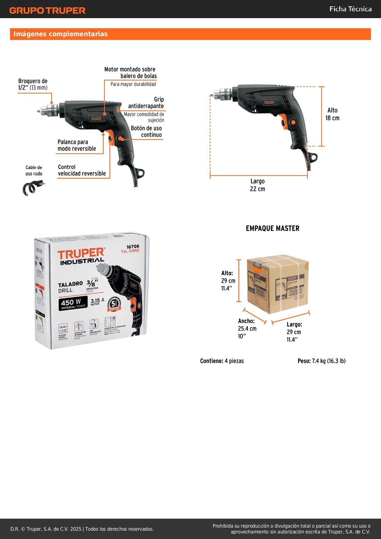 Taladro 3/8", 450W, TRUPER INDUSTRIAL
