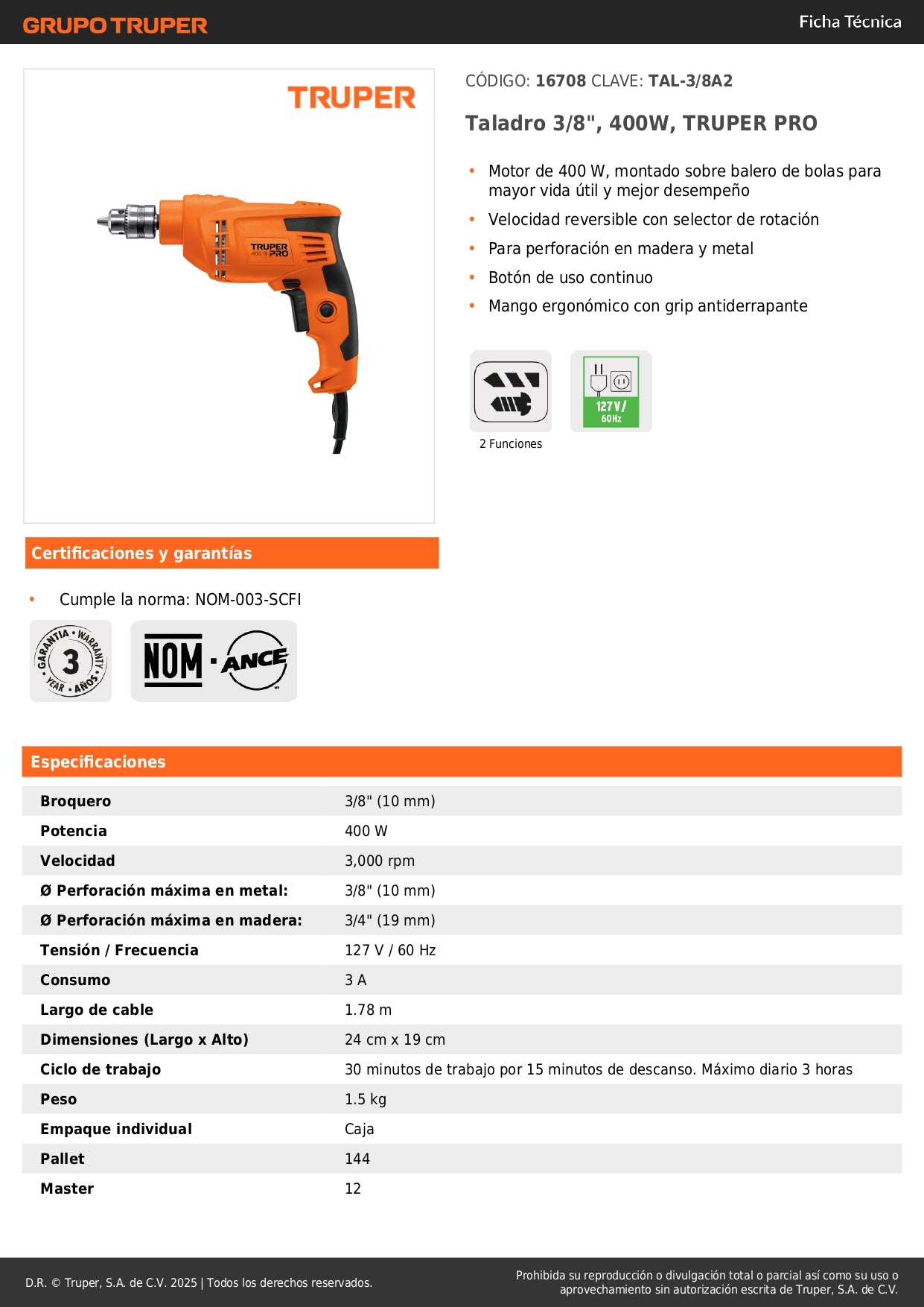 Taladro 3/8", 400W, TRUPER PRO