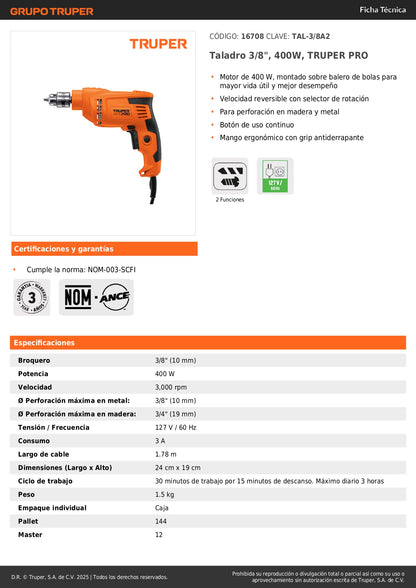 Taladro 3/8", 400W, TRUPER PRO