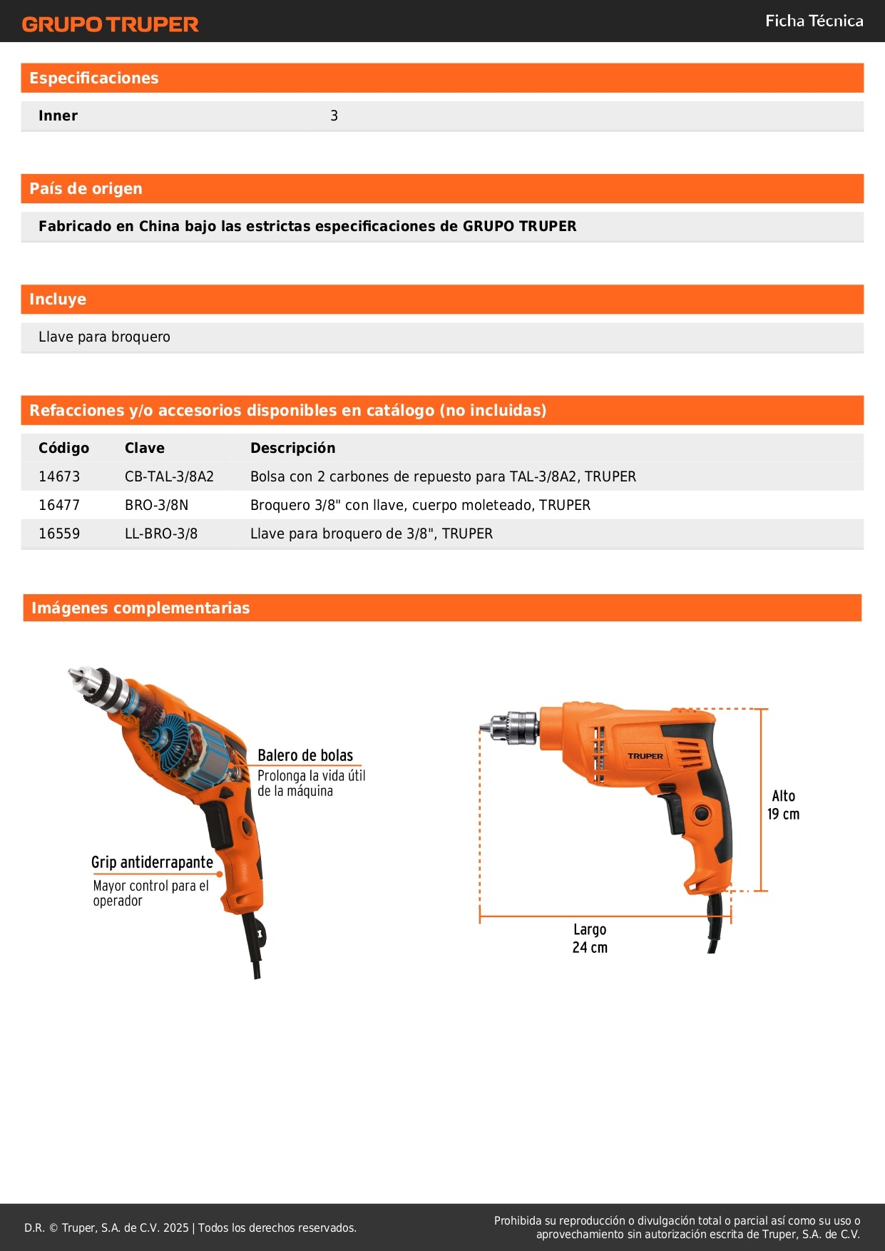 Taladro 3/8", 400W, TRUPER PRO