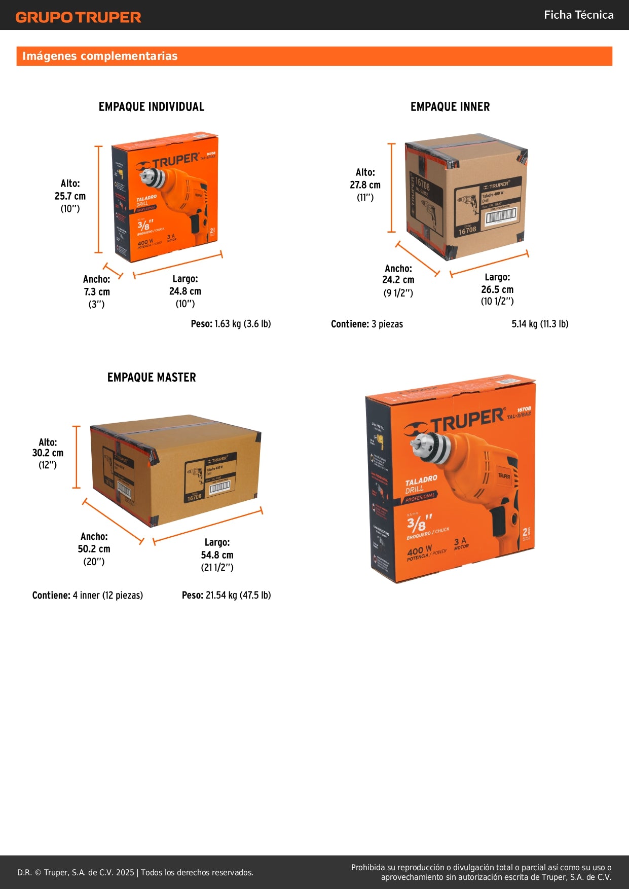 Taladro 3/8", 400W, TRUPER PRO