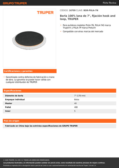 Borla 100% lana de 7", fijación hook and loop, TRUPER