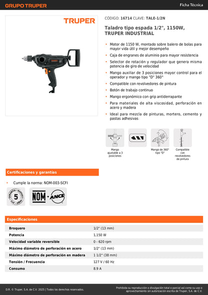 Taladro Mezclador Industrial TRUPER 1/2" 1150W - Solución Profesional para Mezcla de Pinturas, Mortero y Perforación en Acero - TALE-1/2N