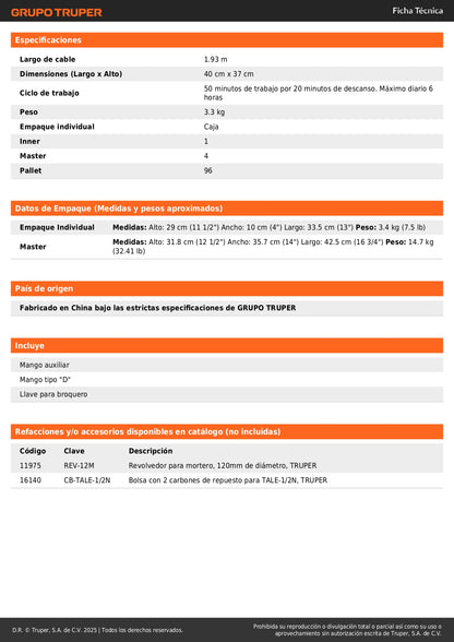Taladro Mezclador Industrial TRUPER 1/2" 1150W - Solución Profesional para Mezcla de Pinturas, Mortero y Perforación en Acero - TALE-1/2N