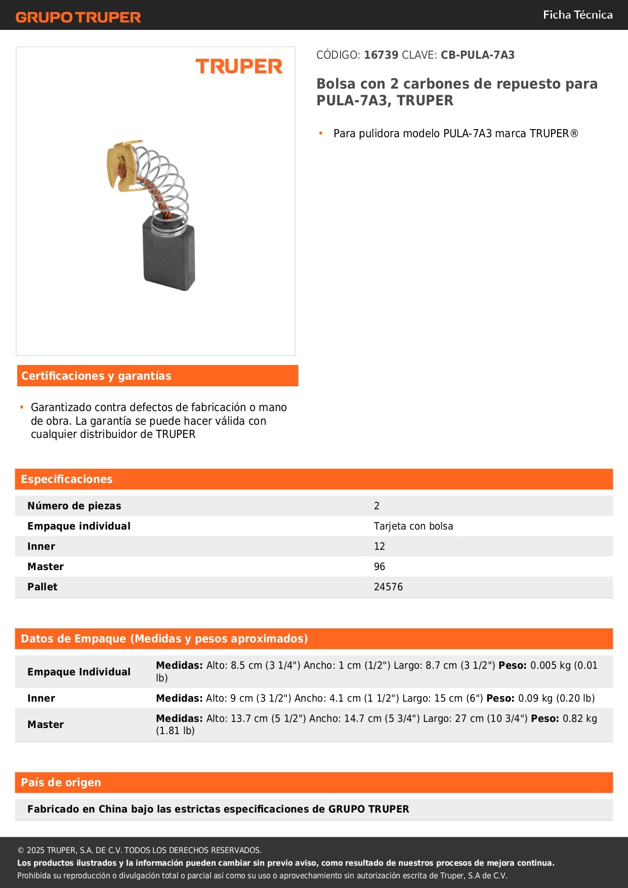 Bolsa con 2 carbones de repuesto para PULA-7A3, TRUPER