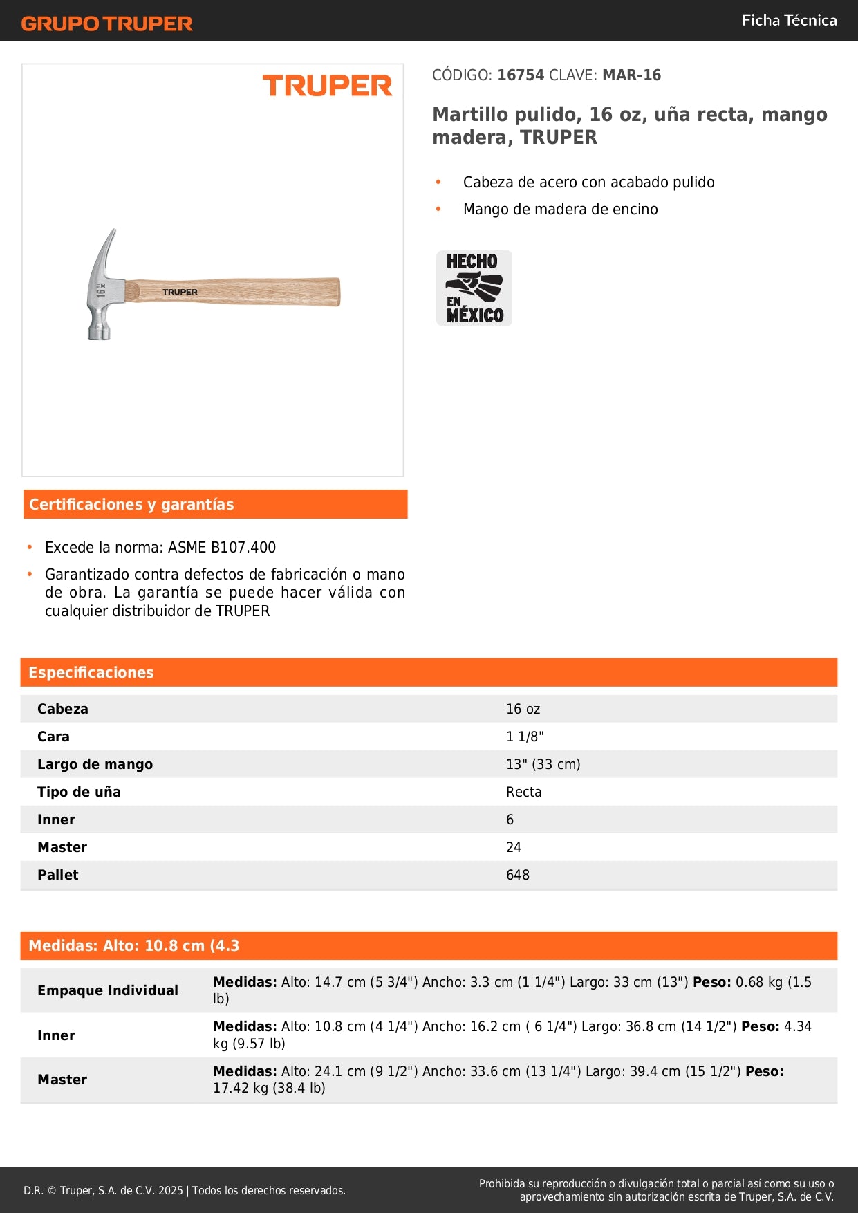 Martillo Pulido TRUPER 16 oz Uña Recta Mango Madera - Herramienta Profesional para Construcción y Carpintería