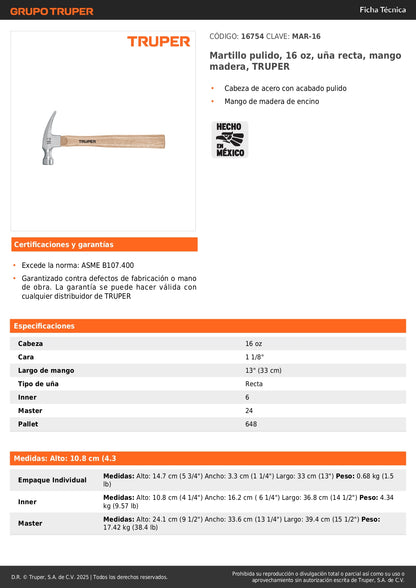 Martillo Pulido TRUPER 16 oz Uña Recta Mango Madera - Herramienta Profesional para Construcción y Carpintería