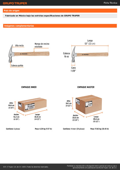 Martillo Pulido TRUPER 16 oz Uña Recta Mango Madera - Herramienta Profesional para Construcción y Carpintería
