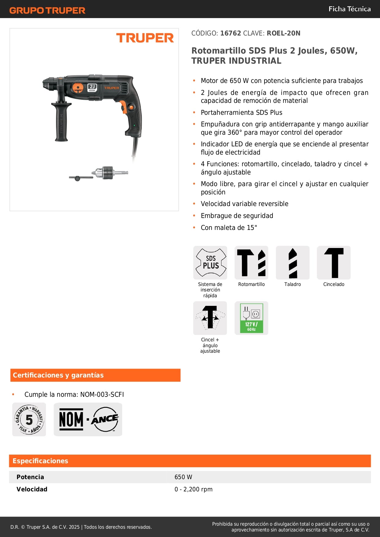 Rotomartillo SDS Plus TRUPER ROEL-20N 650W 2 Joules - Solución Profesional para Demolición y Perforación en Concreto