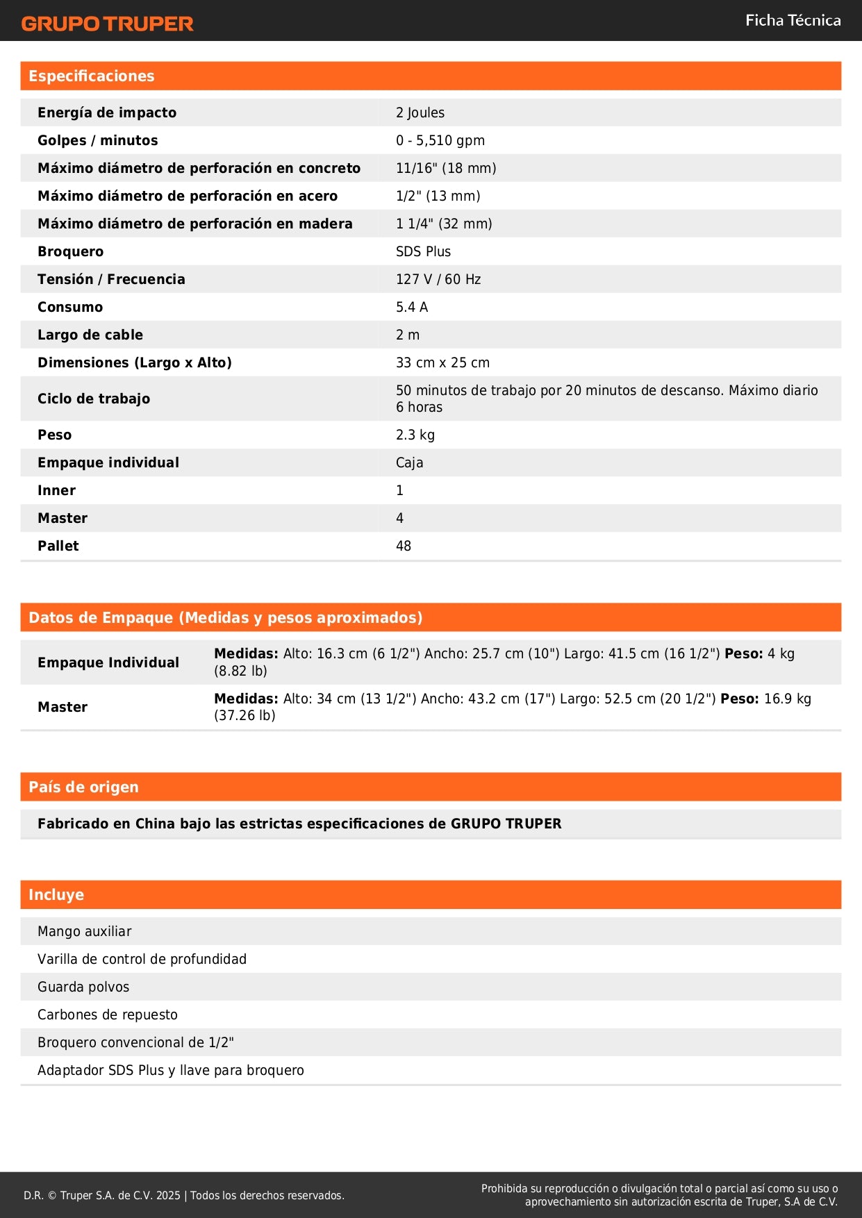 Rotomartillo SDS Plus TRUPER ROEL-20N 650W 2 Joules - Solución Profesional para Demolición y Perforación en Concreto