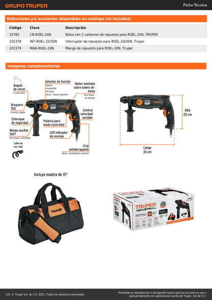 Rotomartillo SDS Plus TRUPER ROEL-20N 650W 2 Joules - Solución Profesional para Demolición y Perforación en Concreto