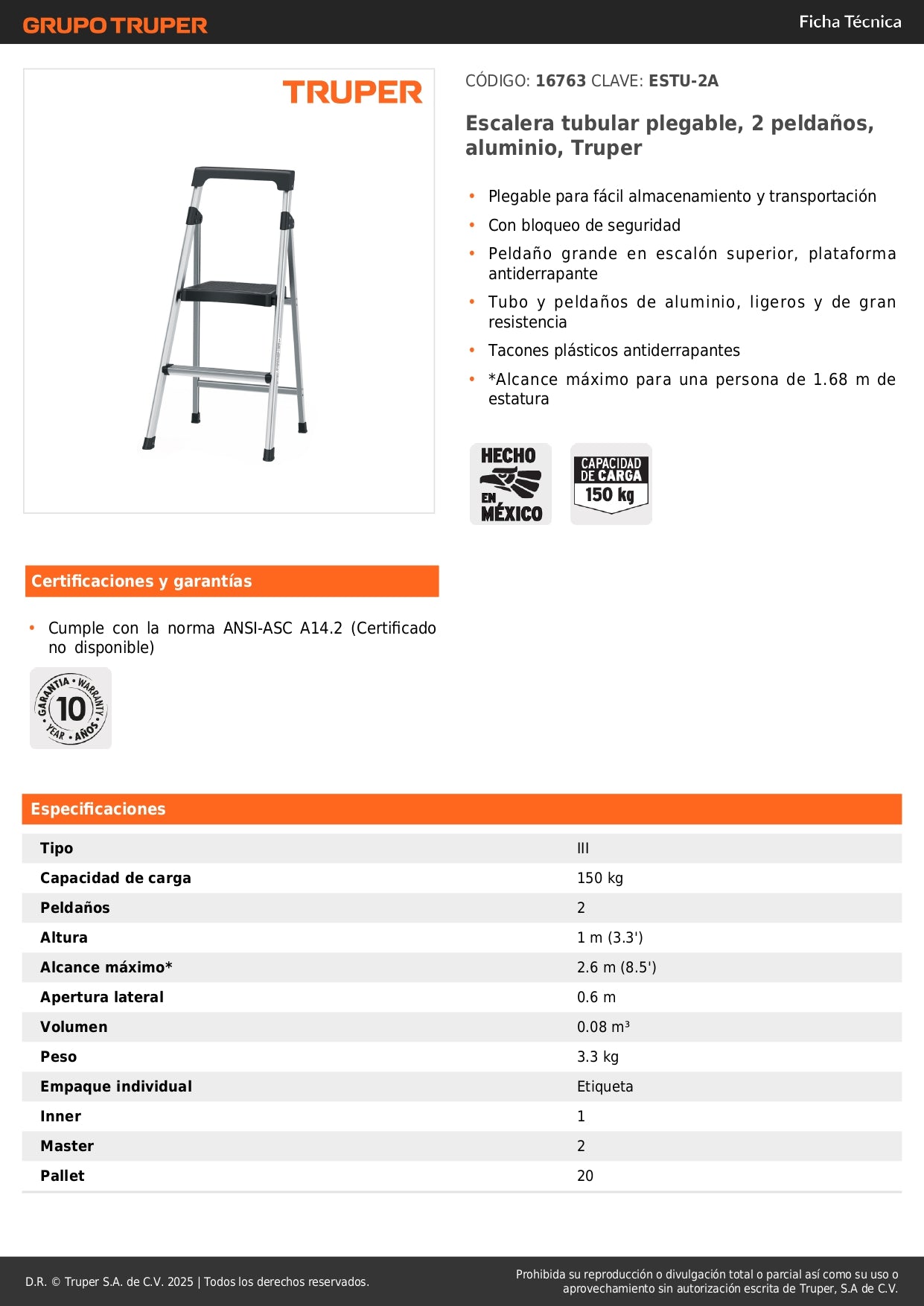 Escalera Tubular Plegable Aluminio 2 Peldaños Truper ESTU-2A - Solución Segura para Trabajos en Altura hasta 1.68m - Antiderrapante Ligera Portátil