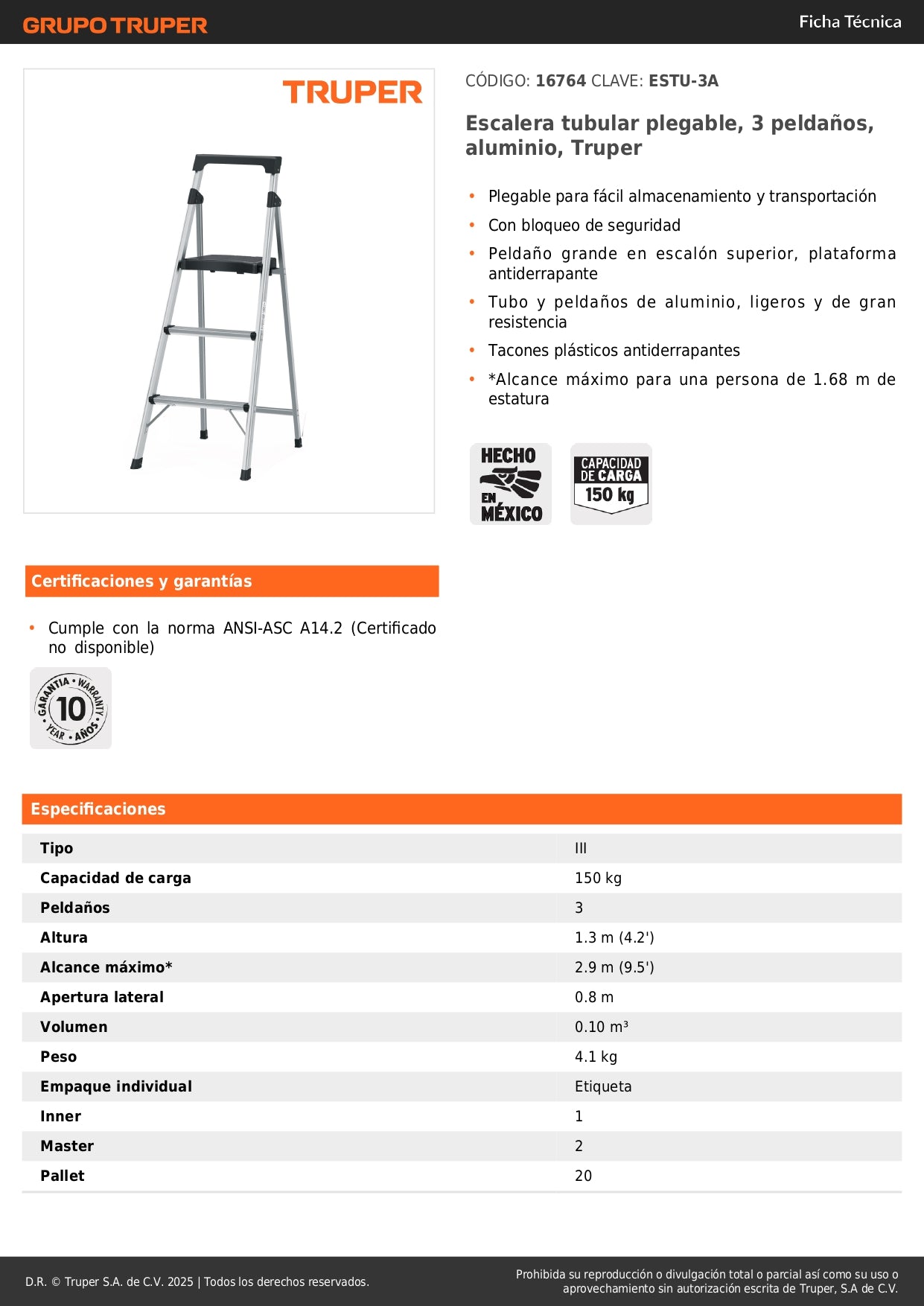 Escalera Tubular Plegable Truper 3 Peldaños Aluminio Antiderrapante - Solución Segura para Trabajos en Altura hasta 1.68m - ESTU-3A