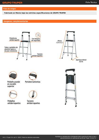 Escalera Tubular Plegable Truper 3 Peldaños Aluminio Antiderrapante - Solución Segura para Trabajos en Altura hasta 1.68m - ESTU-3A