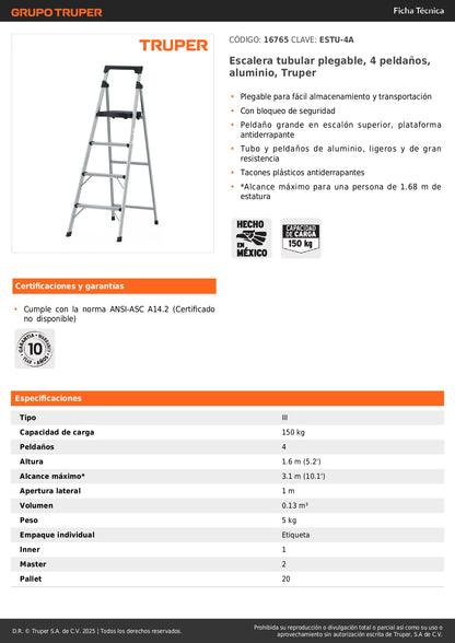 Escalera Tubular Plegable Aluminio 4 Peldaños Truper ESTU-4A - Solución Segura para Trabajos en Altura hasta 1.68m - Antiderrapante con Bloqueo de Seguridad
