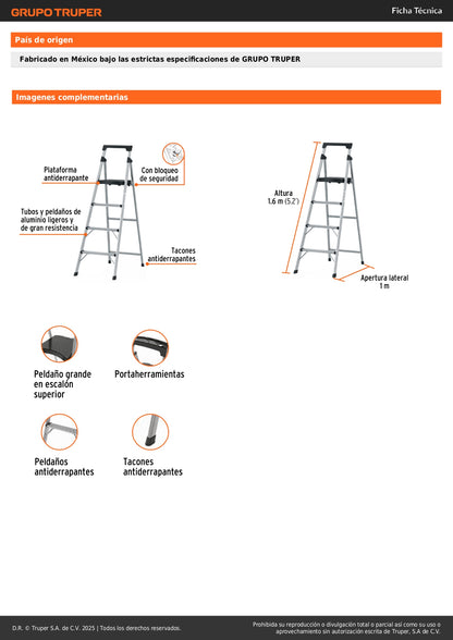 Escalera Tubular Plegable Aluminio 4 Peldaños Truper ESTU-4A - Solución Segura para Trabajos en Altura hasta 1.68m - Antiderrapante con Bloqueo de Seguridad