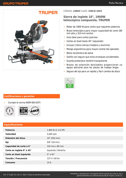 Sierra de Inglete Telescópica 10" 1900W TRUPER SINCO-10X2 - Cortes Precisos Madera y Aluminio con Guía Láser