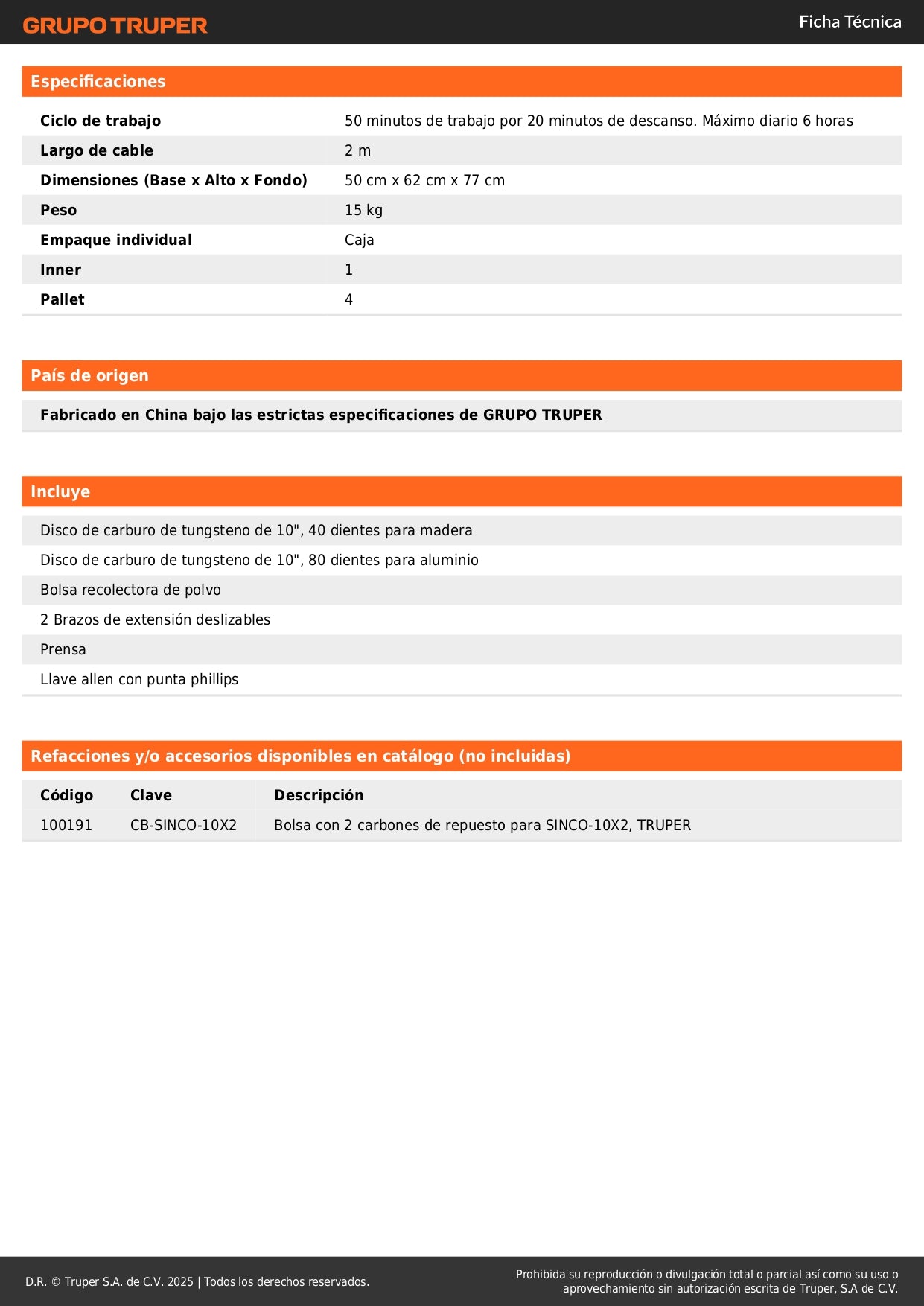 Sierra de Inglete Telescópica 10" 1900W TRUPER SINCO-10X2 - Cortes Precisos Madera y Aluminio con Guía Láser