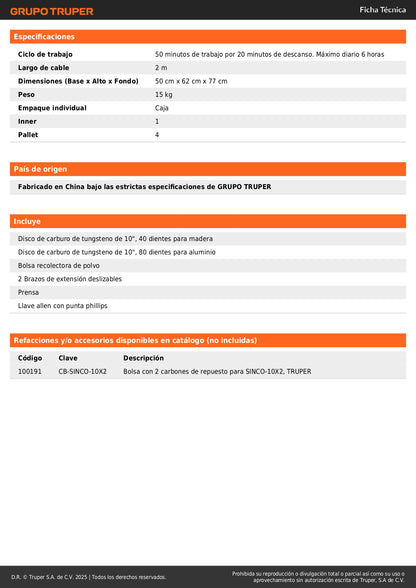 Sierra de Inglete Telescópica 10" 1900W TRUPER SINCO-10X2 - Cortes Precisos Madera y Aluminio con Guía Láser