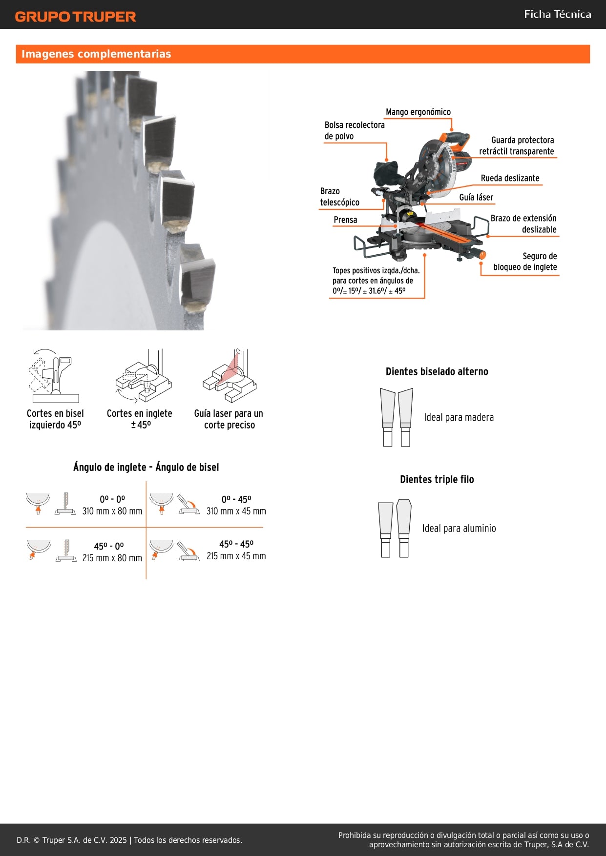 Sierra de Inglete Telescópica 10" 1900W TRUPER SINCO-10X2 - Cortes Precisos Madera y Aluminio con Guía Láser