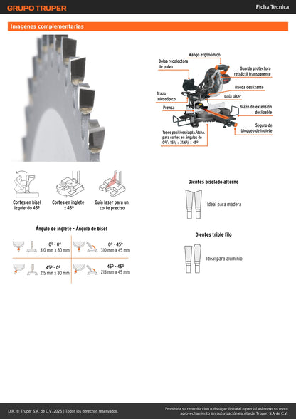 Sierra de Inglete Telescópica 10" 1900W TRUPER SINCO-10X2 - Cortes Precisos Madera y Aluminio con Guía Láser