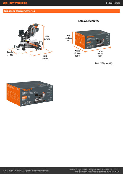 Sierra de Inglete Telescópica 10" 1900W TRUPER SINCO-10X2 - Cortes Precisos Madera y Aluminio con Guía Láser