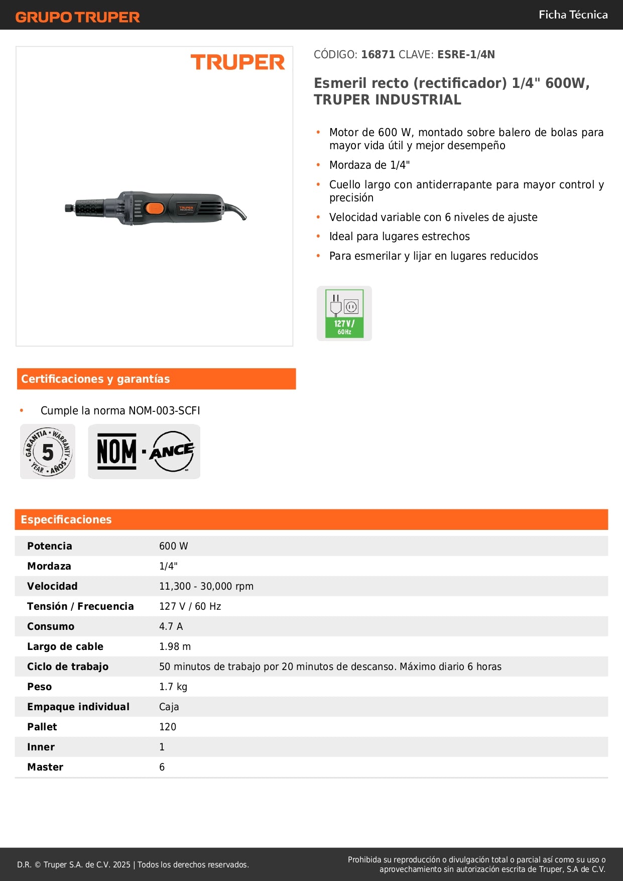 Esmeril Recto TRUPER INDUSTRIAL 1/4" 600W - Rectificador de Precisión para Espacios Reducidos y Trabajos de Detalle - ESRE-1/4N