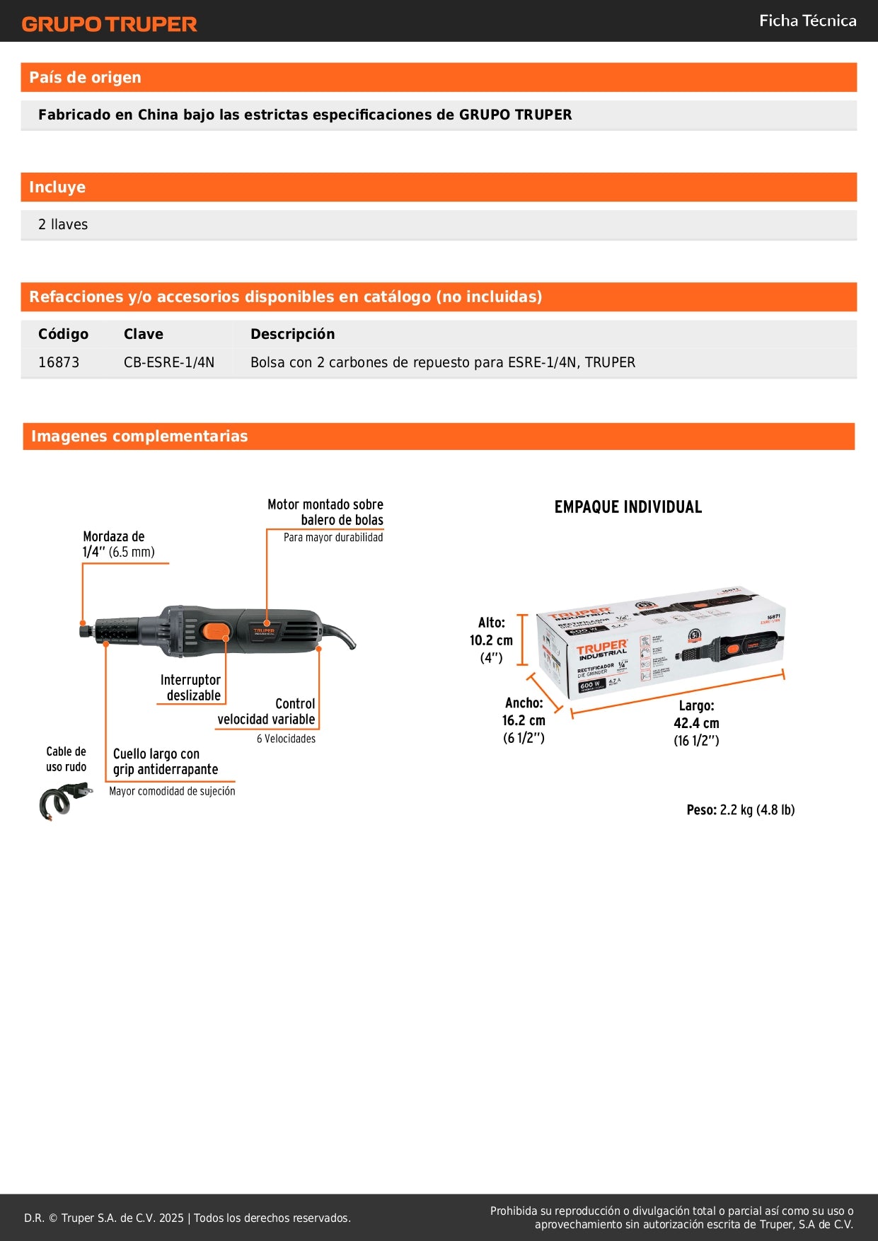 Esmeril Recto TRUPER INDUSTRIAL 1/4" 600W - Rectificador de Precisión para Espacios Reducidos y Trabajos de Detalle - ESRE-1/4N