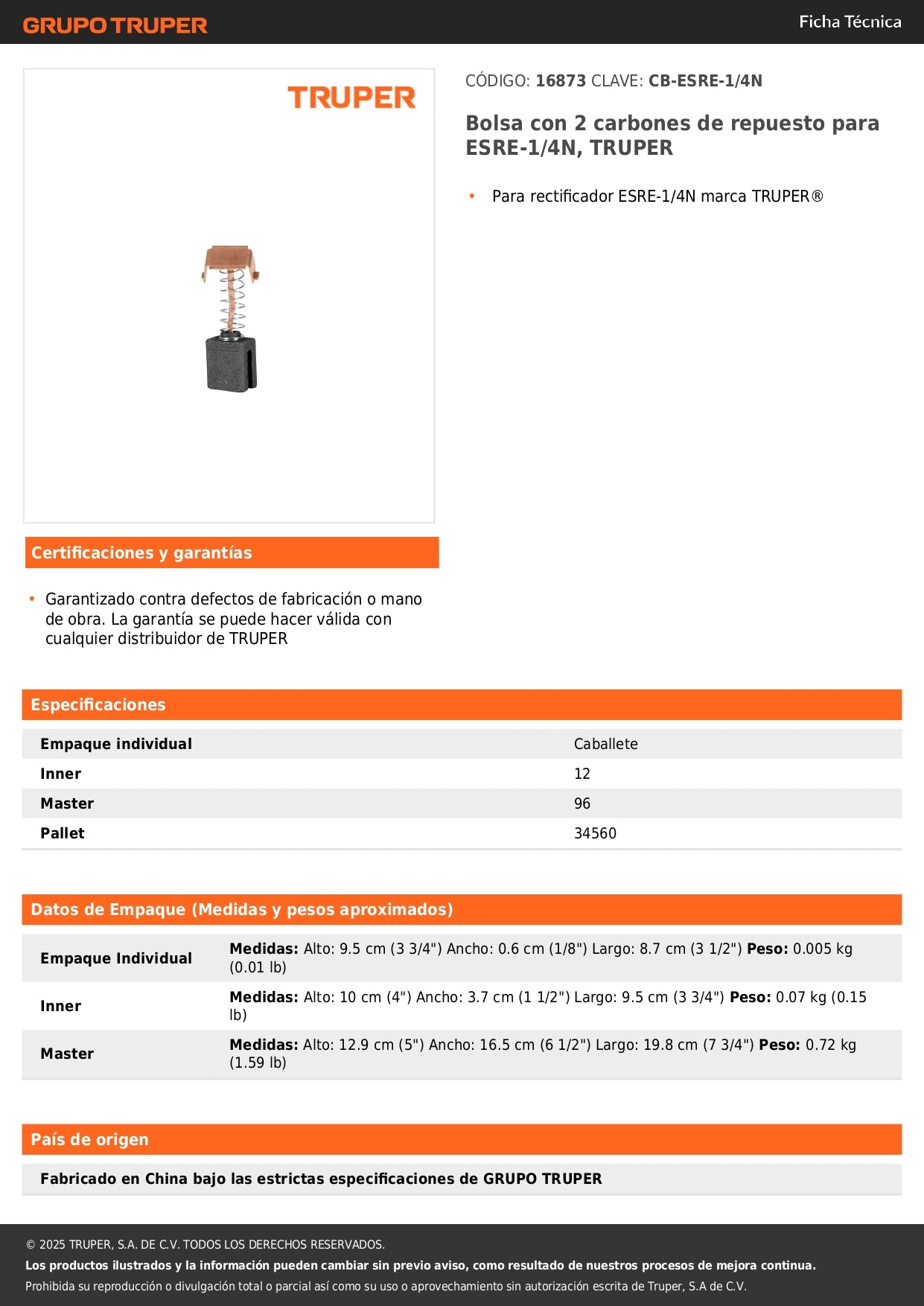 Bolsa con 2 carbones de repuesto para ESRE-1/4N, TRUPER