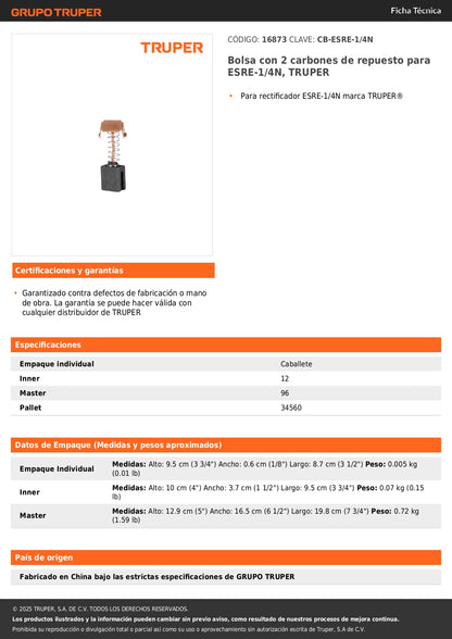 Bolsa con 2 carbones de repuesto para ESRE-1/4N, TRUPER