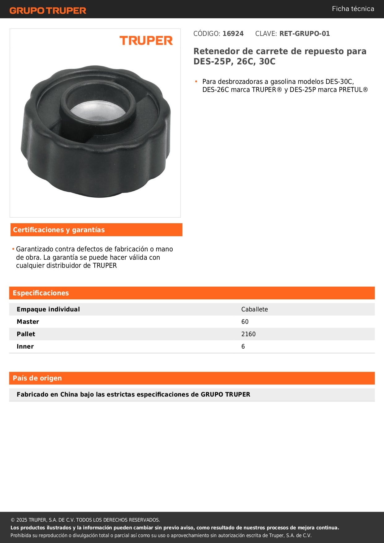 Retenedor de carrete de repuesto para DES-25P, 26C, 30C